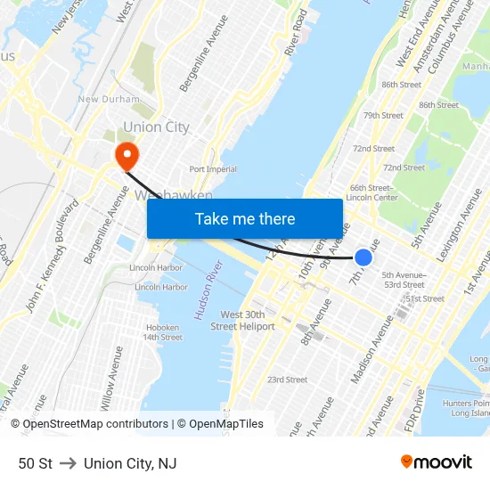 50 St to Union City, NJ map