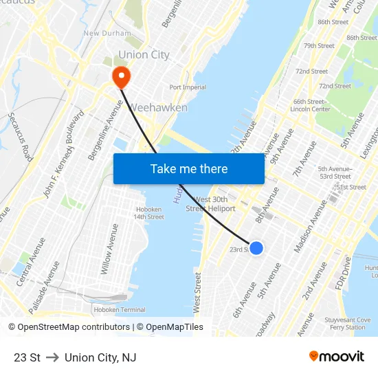 23 St to Union City, NJ map
