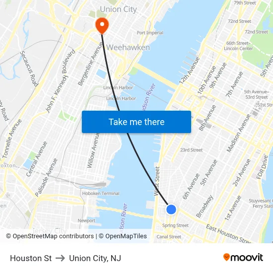 Houston St to Union City, NJ map