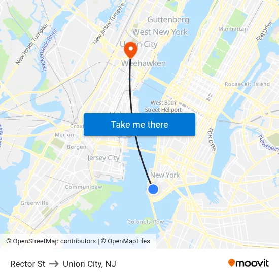 Rector St to Union City, NJ map