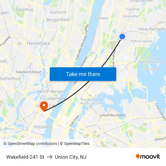 Wakefield-241 St to Union City, NJ map