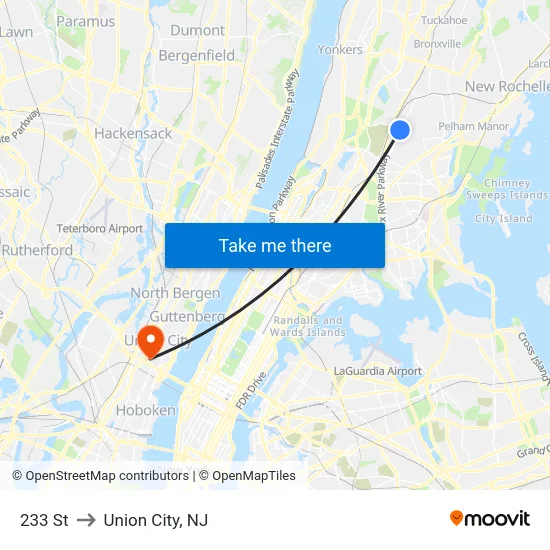 233 St to Union City, NJ map