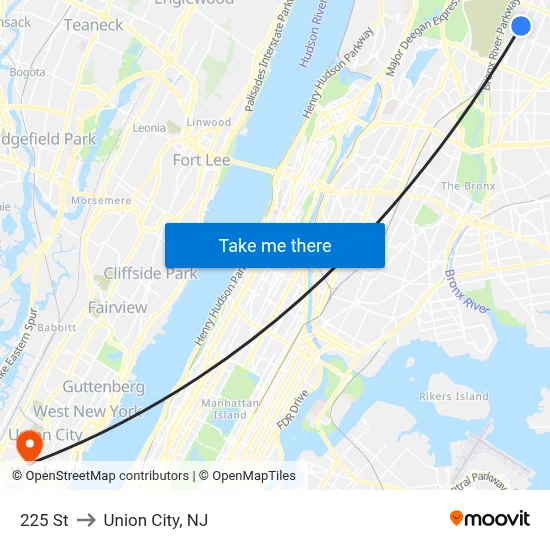 225 St to Union City, NJ map