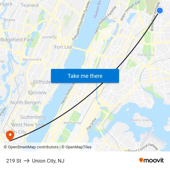 219 St to Union City, NJ map
