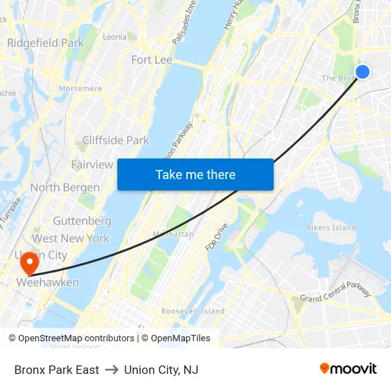 Bronx Park East to Union City, NJ map
