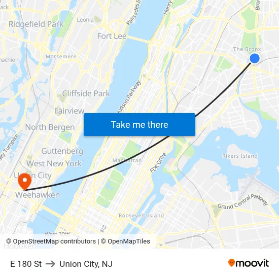 E 180 St to Union City, NJ map