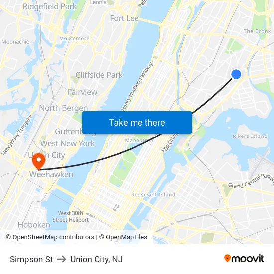 Simpson St to Union City, NJ map