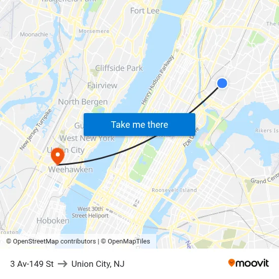 3 Av-149 St to Union City, NJ map