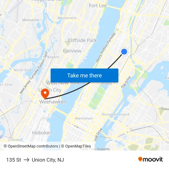 135 St to Union City, NJ map