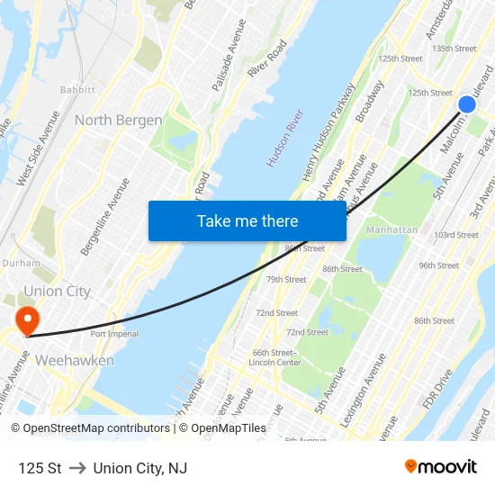 125 St to Union City, NJ map