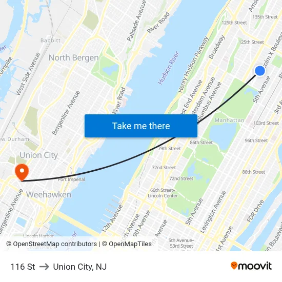 116 St to Union City, NJ map
