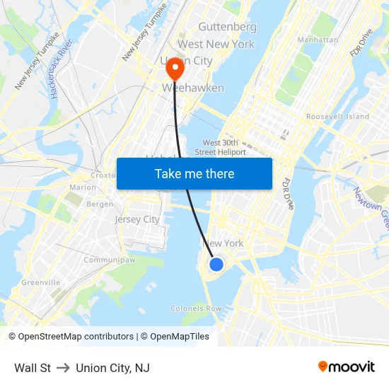Wall St to Union City, NJ map