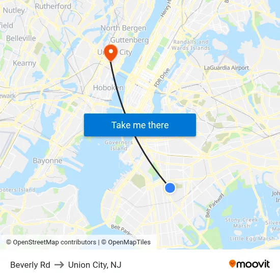 Beverly Rd to Union City, NJ map