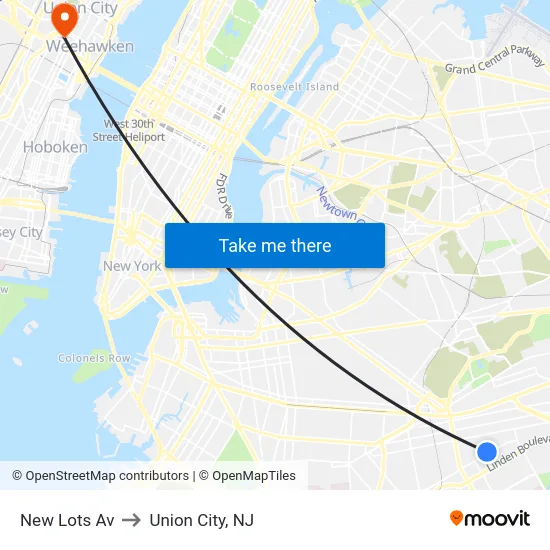 New Lots Av to Union City, NJ map