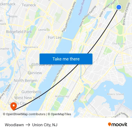 Woodlawn to Union City, NJ map
