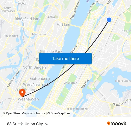 183 St to Union City, NJ map