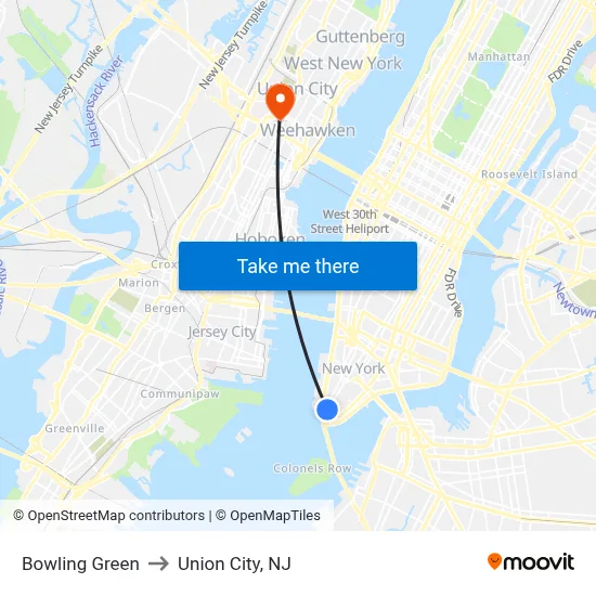 Bowling Green to Union City, NJ map