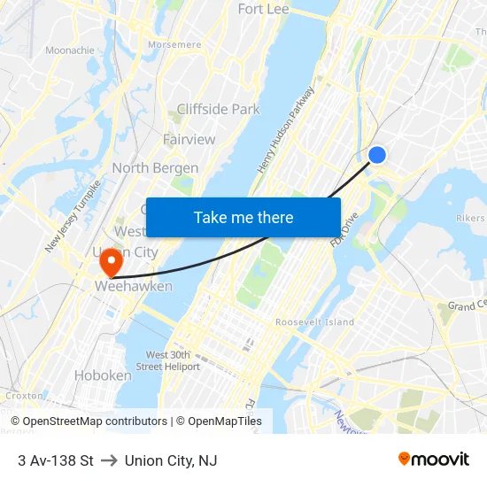 3 Av-138 St to Union City, NJ map