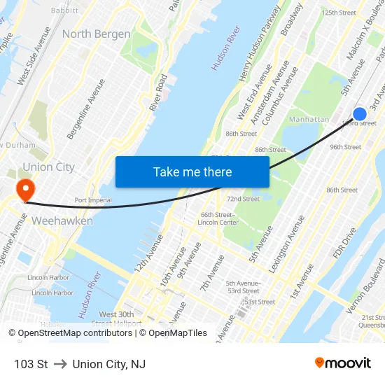 103 St to Union City, NJ map