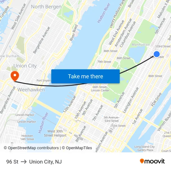 96 St to Union City, NJ map