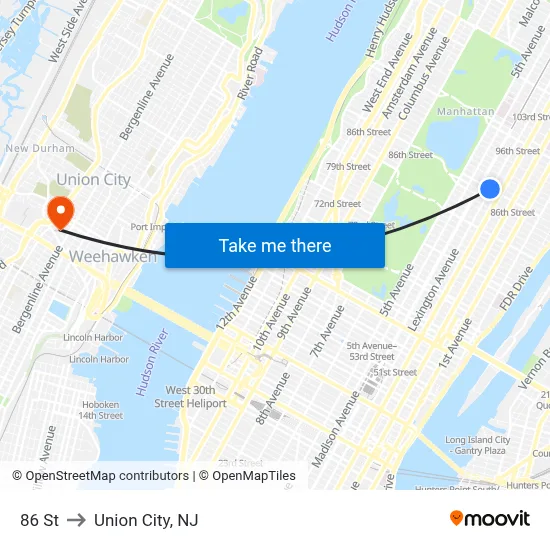 86 St to Union City, NJ map