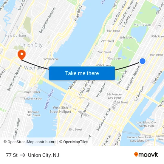 77 St to Union City, NJ map