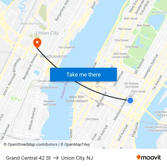 Grand Central-42 St to Union City, NJ map