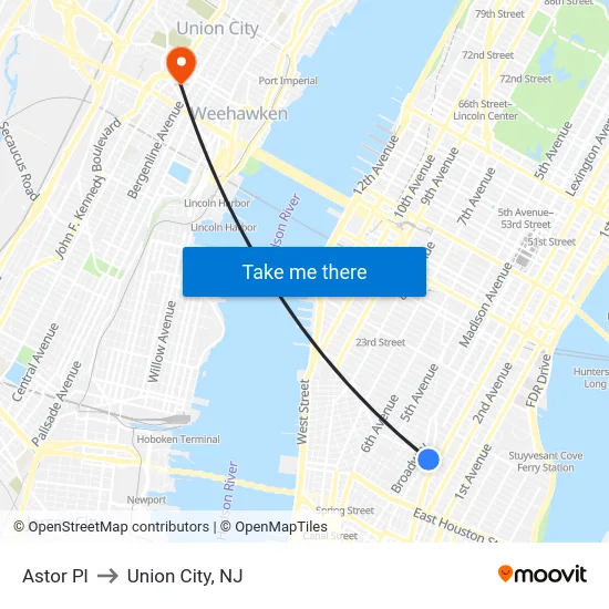 Astor Pl to Union City, NJ map