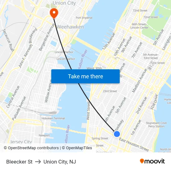 Bleecker St to Union City, NJ map