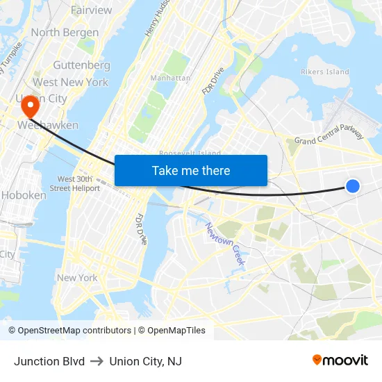 Junction Blvd to Union City, NJ map