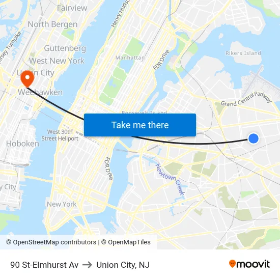 90 St-Elmhurst Av to Union City, NJ map