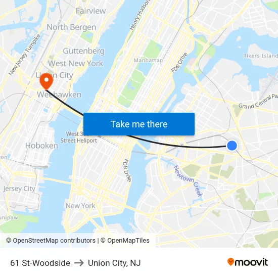 61 St-Woodside to Union City, NJ map