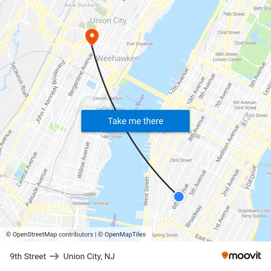 9th Street to Union City, NJ map