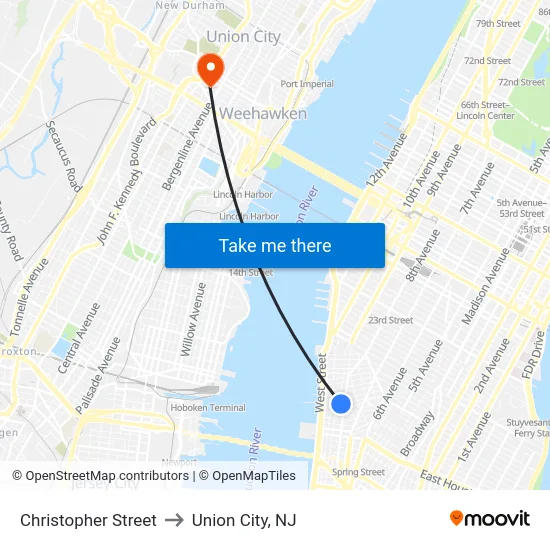 Christopher Street to Union City, NJ map