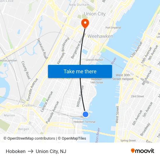 Hoboken to Union City, NJ map