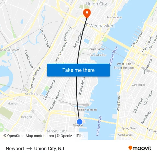 Newport to Union City, NJ map
