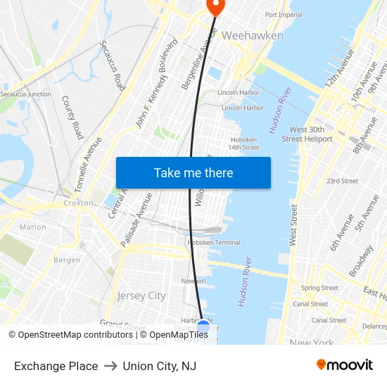 Exchange Place to Union City, NJ map