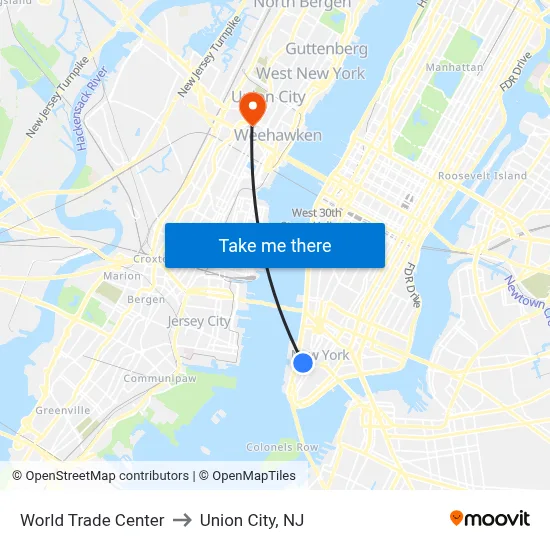 World Trade Center to Union City, NJ map