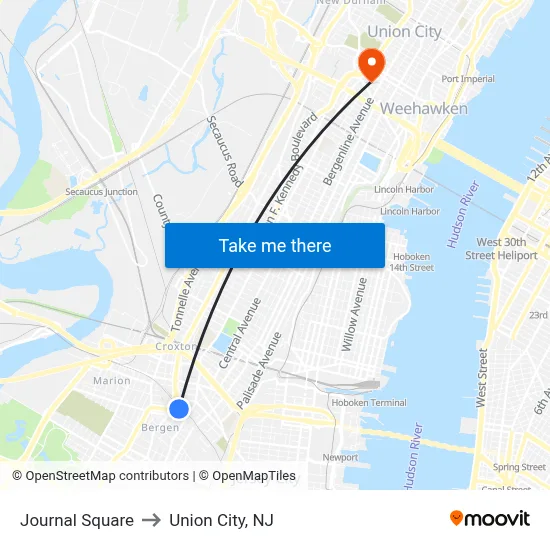 Journal Square to Union City, NJ map