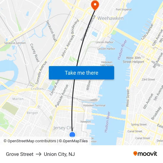 Grove Street to Union City, NJ map