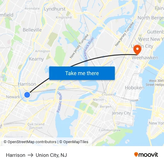 Harrison to Union City, NJ map