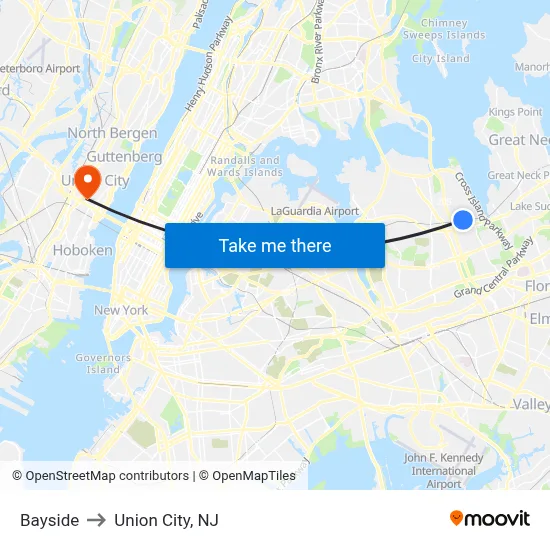 Bayside to Union City, NJ map