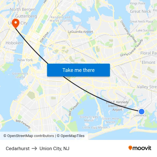 Cedarhurst to Union City, NJ map