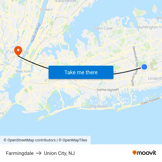 Farmingdale to Union City, NJ map