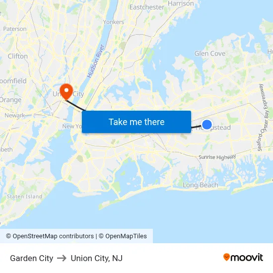 Garden City to Union City, NJ map