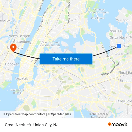 Great Neck to Union City, NJ map
