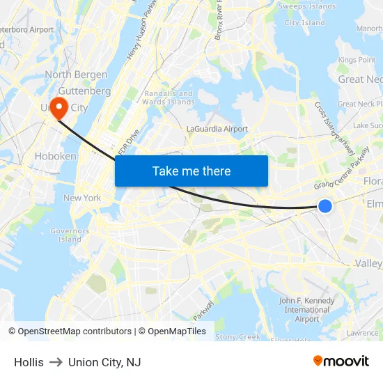 Hollis to Union City, NJ map