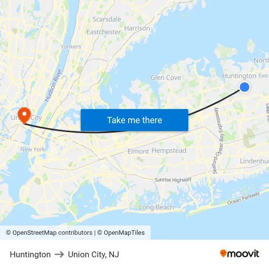 Huntington to Union City, NJ map