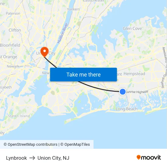 Lynbrook to Union City, NJ map