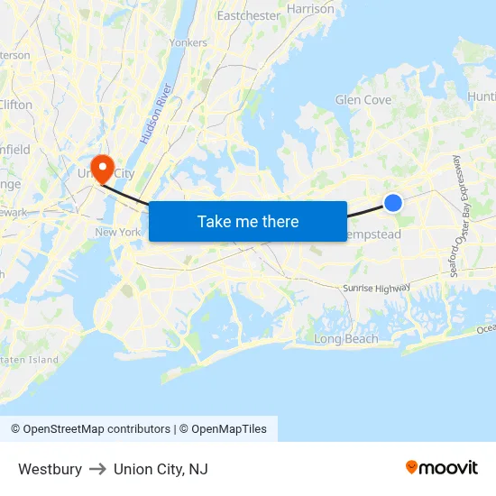 Westbury to Union City, NJ map